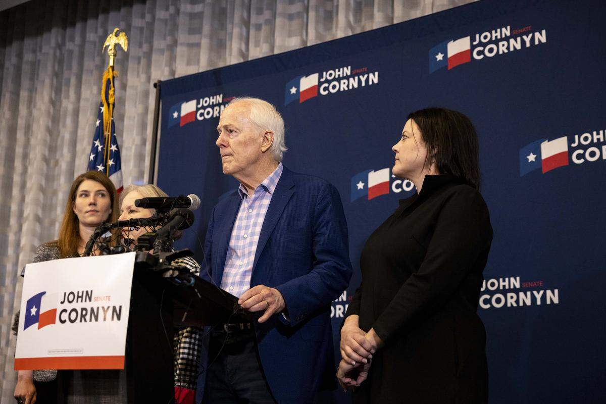 U.S. Sen. John Cornyn speaks to the media after receiving the primary runoff election results on Tuesday, May 26, 2026 at JW Marriott in Austin, Texas. Cornyn lost to Trump-backed Texas Attorney General Ken Paxton in a runoff election after neither won a majority of the votes in the March primary.