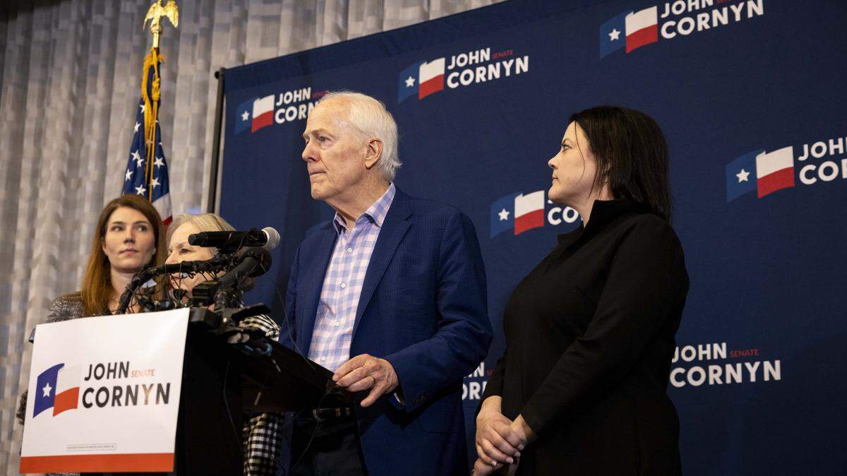 U.S. Sen. John Cornyn speaks to the media after receiving the primary runoff election results on Tuesday, May 26, 2026 at JW Marriott in Austin, Texas. Cornyn lost to Trump-backed Texas Attorney General Ken Paxton in a runoff election after neither won a majority of the votes in the March primary.