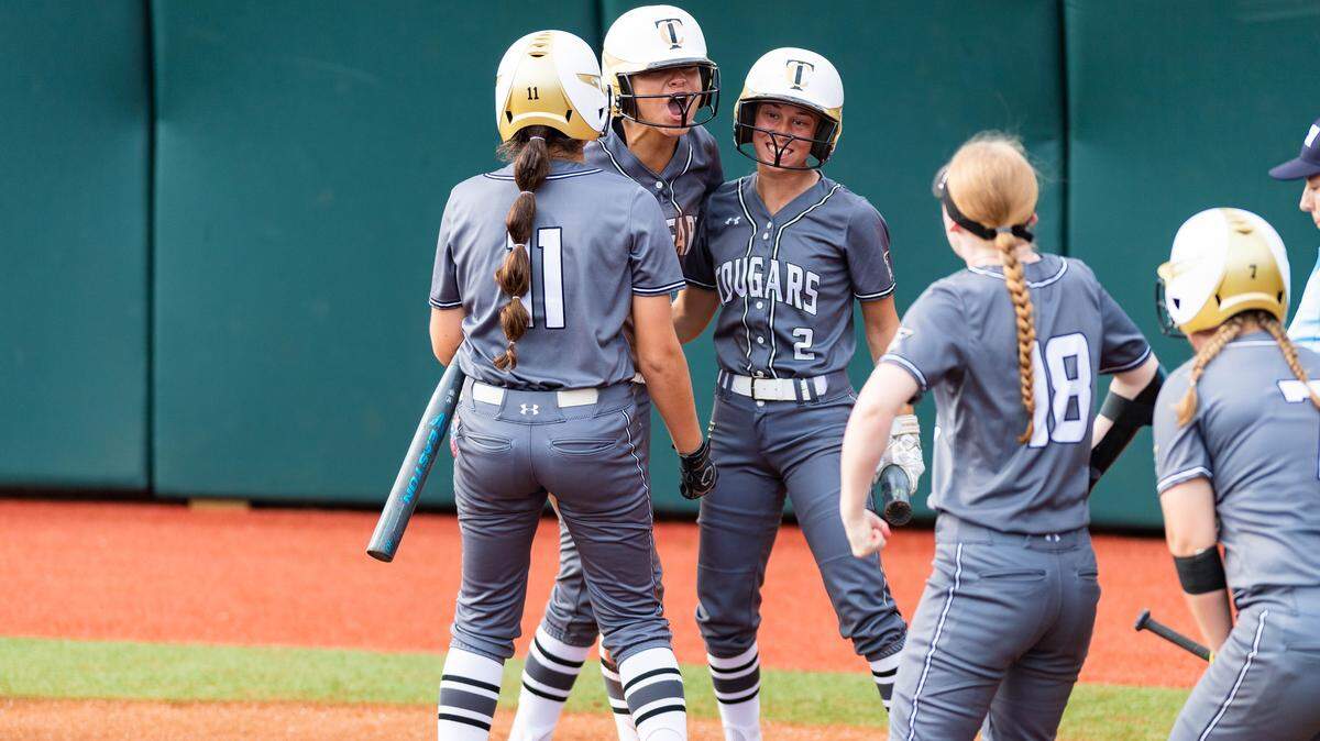 The Colony celebrate its first run of the 5A state semifinals, Friday May 31, 2019.