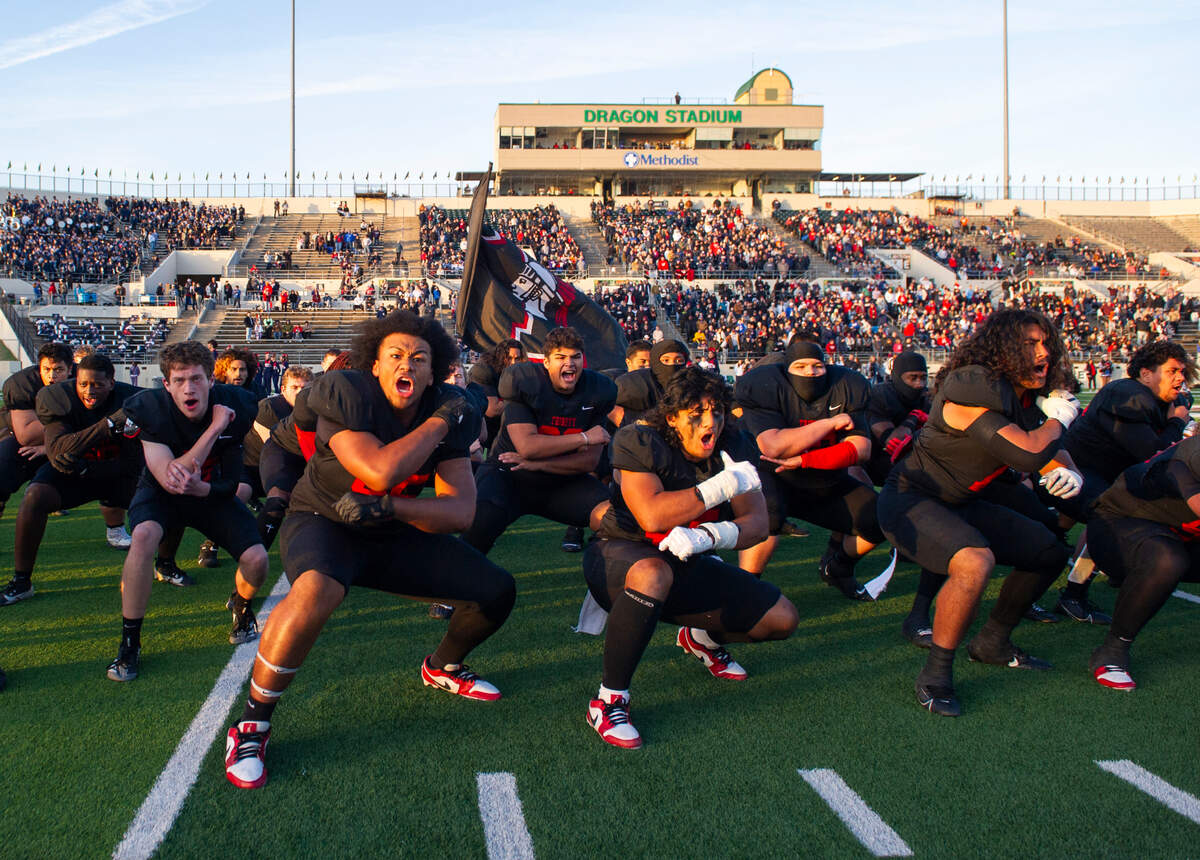 Euless Trinity Trojans do a Haka performance prior to a UIL football playoff game against Allen High School at Dragon Stadium in Southlake, Texas on Friday, Nov. 29, 2024.