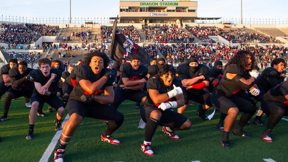 Euless Trinity Trojans do a Haka performance prior to a UIL football playoff game against Allen High School at Dragon Stadium in Southlake, Texas on Friday, Nov. 29, 2024.