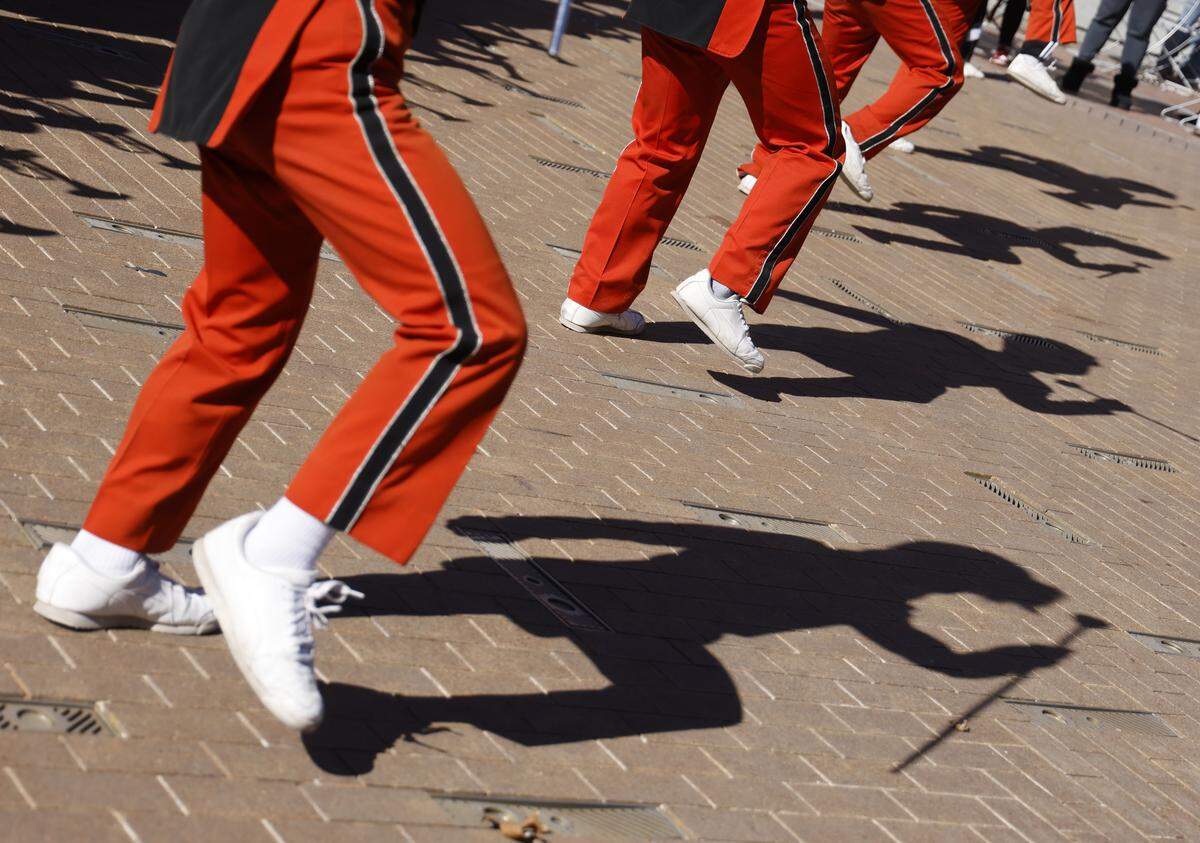 The Lancaster High School band drum majors dance during the 2026 Martin Luther King day celebration.