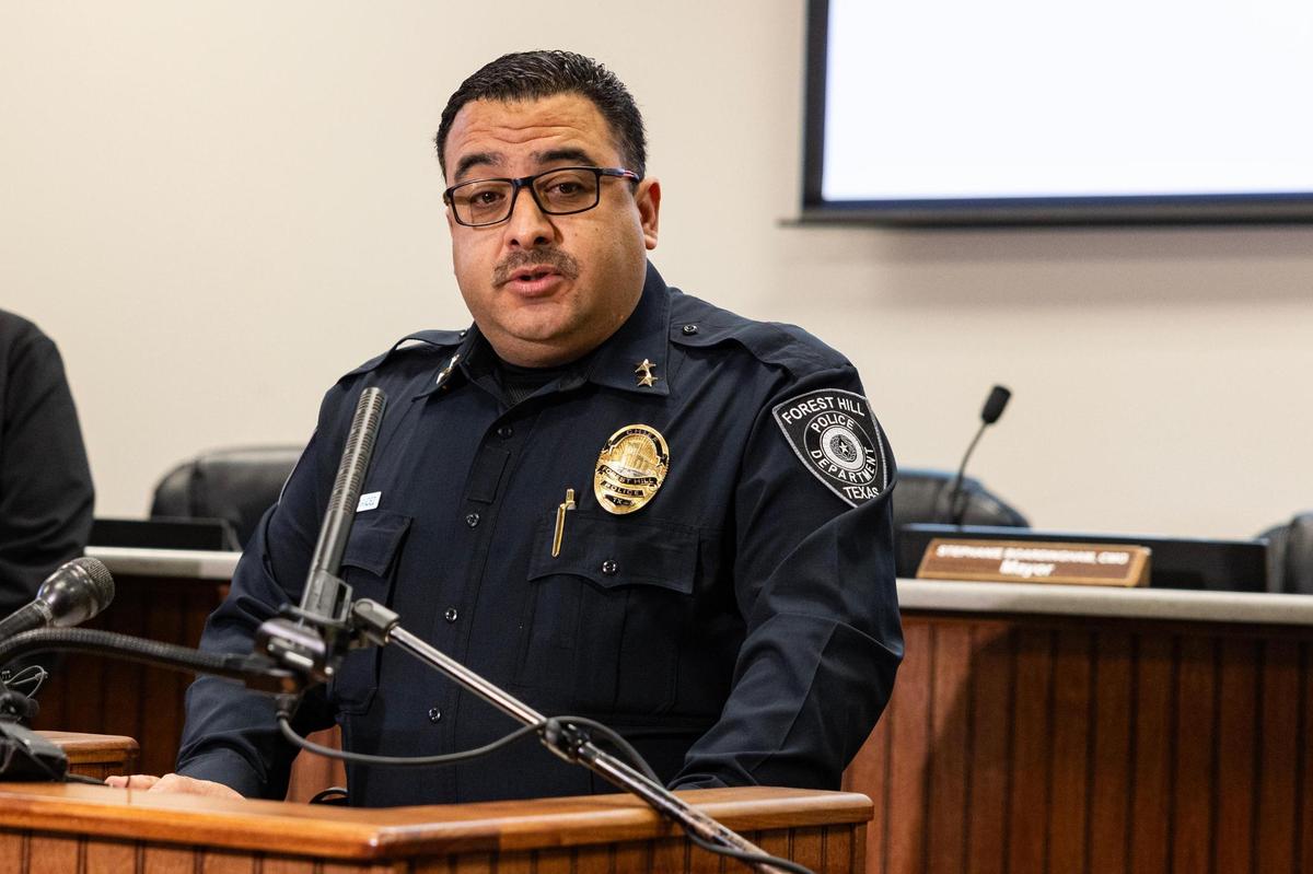 Forest Hill Police Chief David Hernandez speaks with the media gathered for a press conference regarding the killings of Ronnie Sibley and his daughter R’mani, 5, at Forest Hill City Hall on Wednesday, March 5.