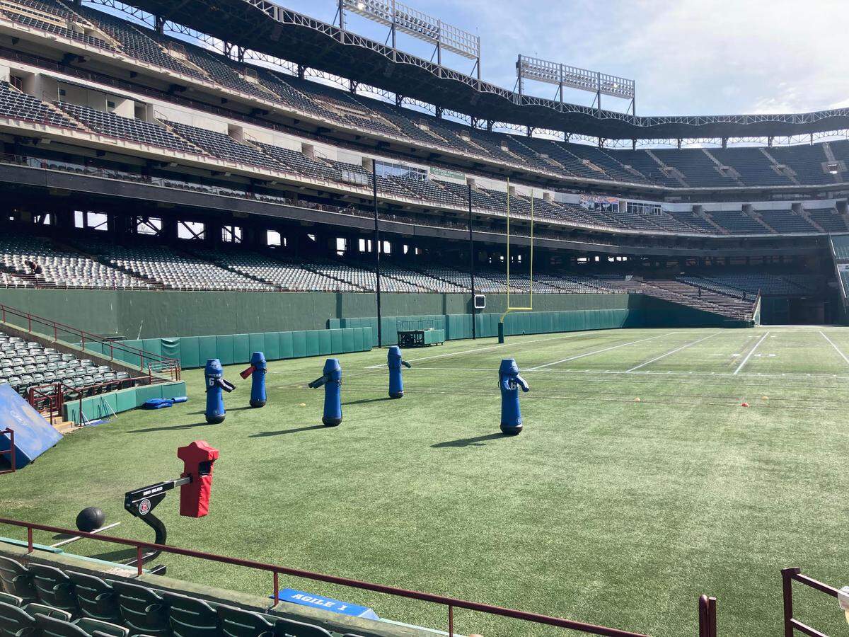 A view of what was the third base side of the former home to the Texas Rangers, Choctaw Stadium. The Rangers removed the third base dugout and some seats for a football field’s dimensions.