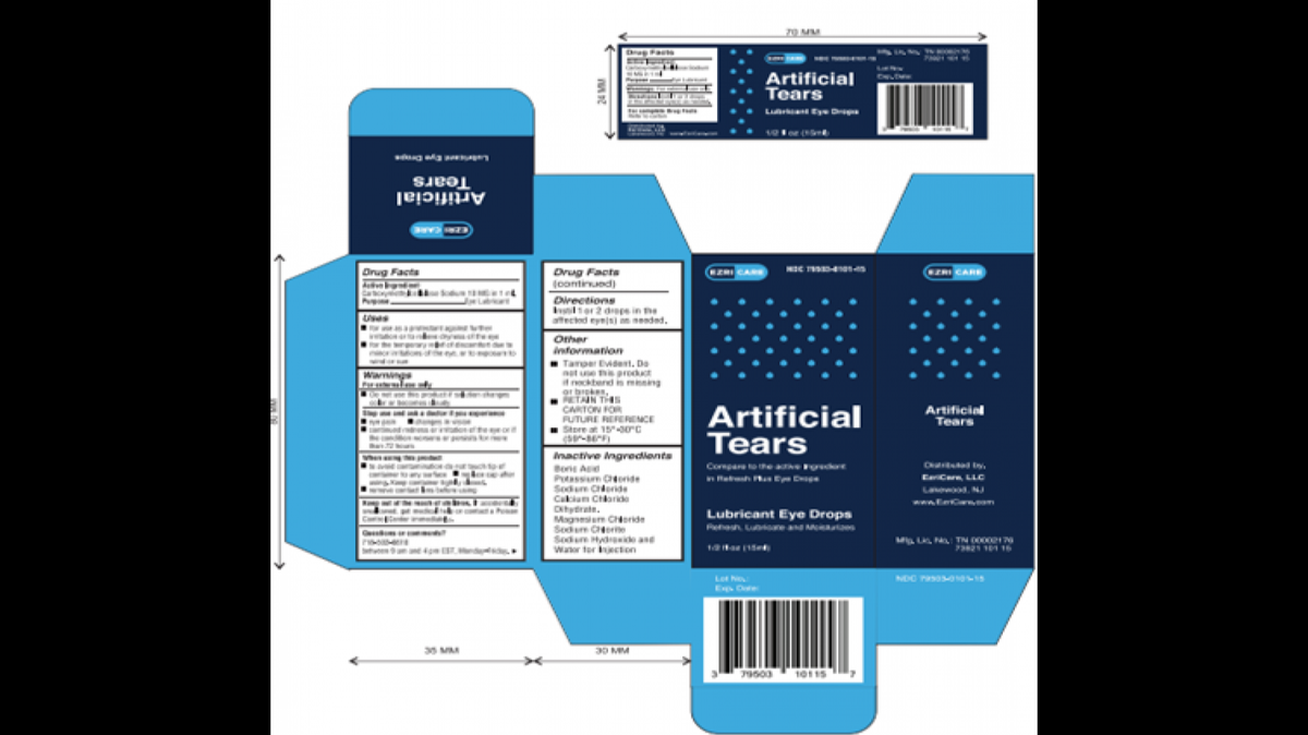 The deconstructed box of EzriCare Artificial Tears Lubricant Eye Drops.