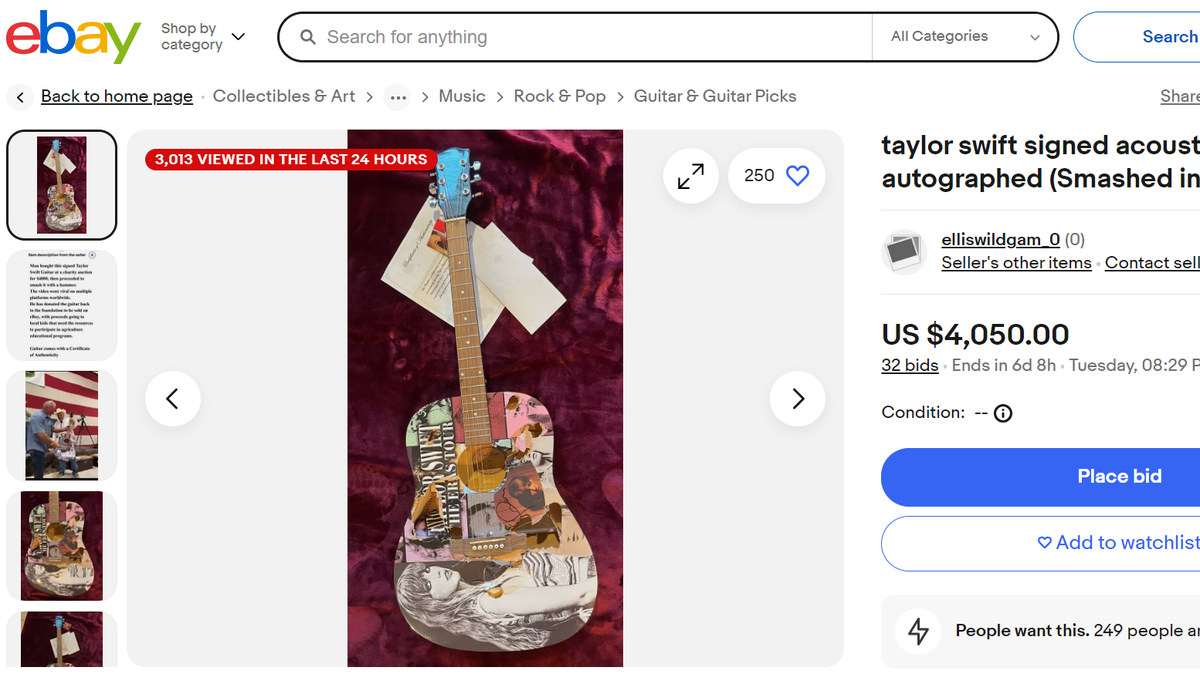 A Taylor Swift autographed guitar that was smashed by a North Texas man in a recent viral video is now up for sale on eBay.
