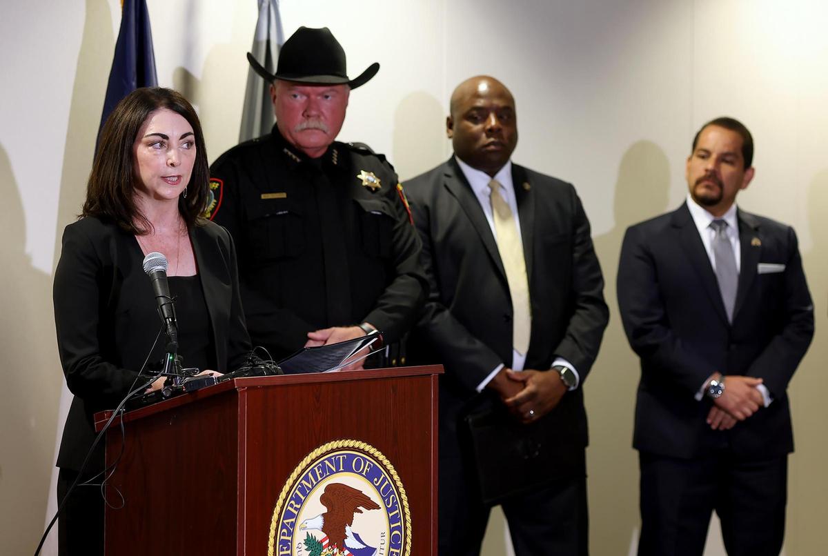 Nancy E Larson, Acting United States Attorney for the U.S. Attorney’s Office for the Northern District of Texas, speaks during a press conference in Fort Worth on Wednesday, June 18, 2025. Numerous law enforcement agencies participated in an operation that focused on hot spots for violent crime, drug trafficking and illegal firearms in the city.
