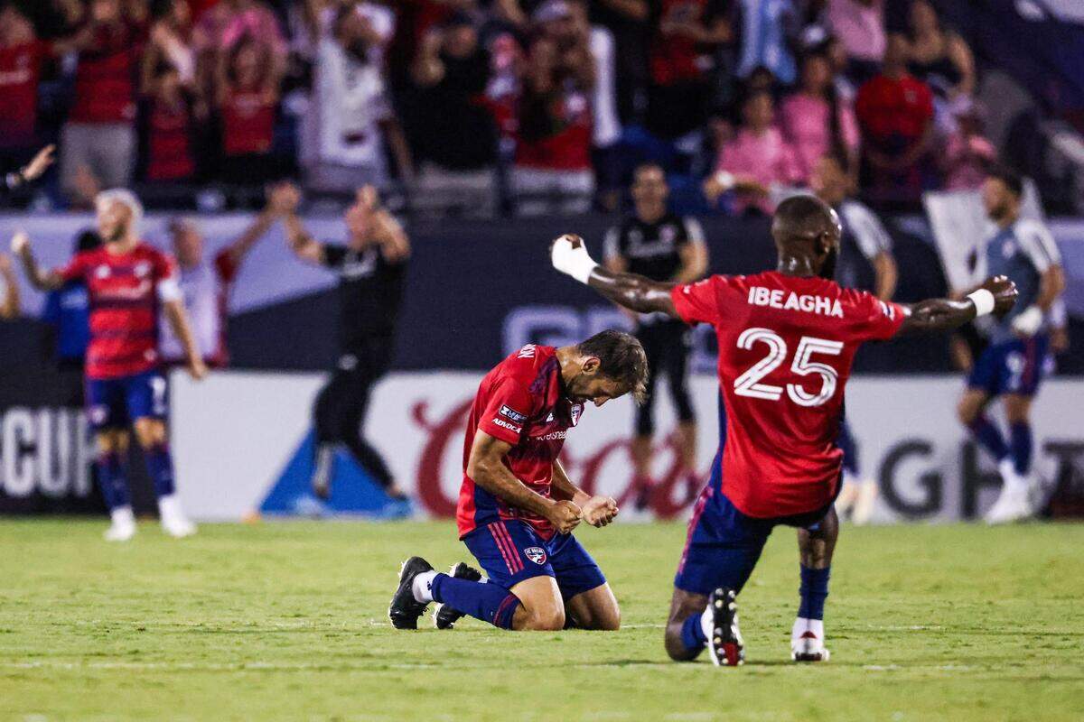 FC Dallas teammates Facundo Quignon (5) and Sebastien Ibeagha (25) after they scored a goal to put the team up 4-2 in the second half against Inter Miami CF during a Leagues Cup match at TOYOTA Stadium in Frisco, Texas on Sunday, Aug. 6, 2023.