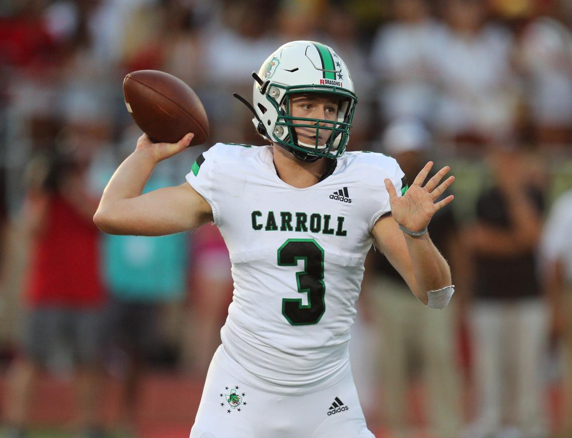 Southlake Carroll quarterback Quinn Ewers looks for an open receiver against Colleyville Heritage at a high school football game in Colleyville, TX Friday, September 6, 2019. (Special to the Star-Telegram/ Richard W. Rodriguez)
