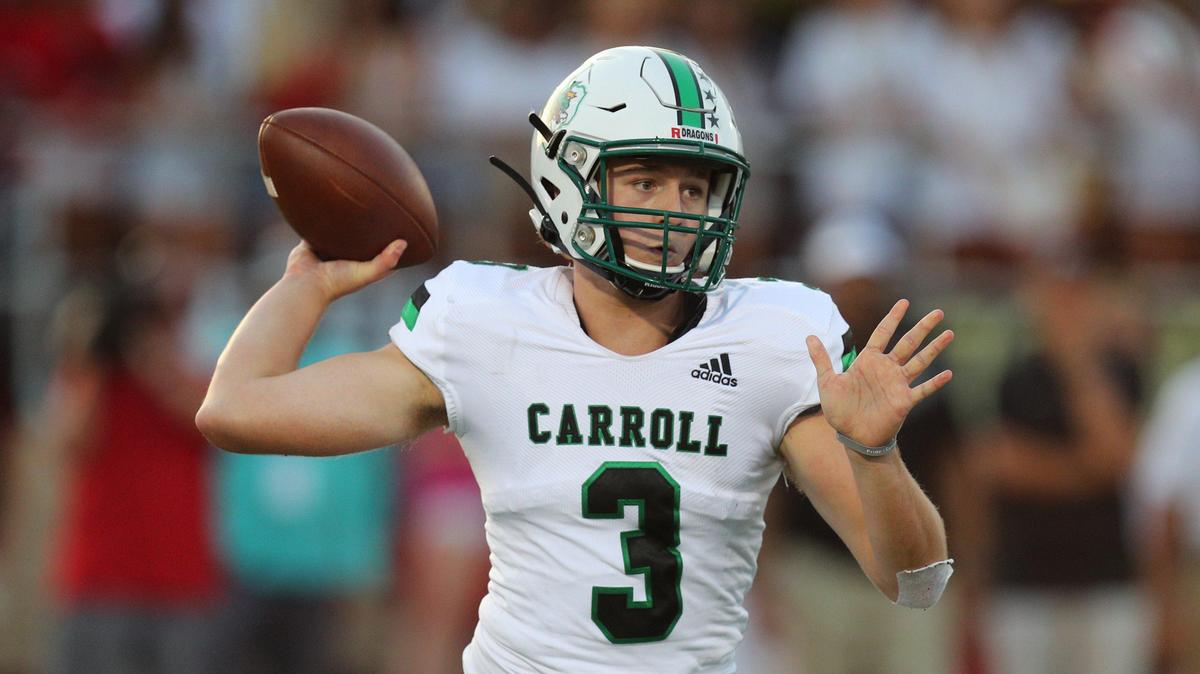 Southlake Carroll quarterback Quinn Ewers looks for an open receiver against Colleyville Heritage at a high school football game in Colleyville, TX Friday, September 6, 2019. (Special to the Star-Telegram/ Richard W. Rodriguez)