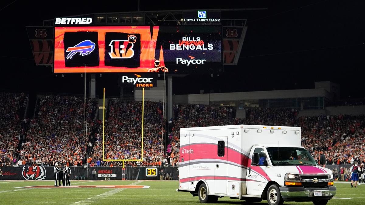 An ambulance leaves the field with Buffalo Bills’ Damar Hamlin during the Monday Night Football game between the Bills and the Cincinnati Bengals.