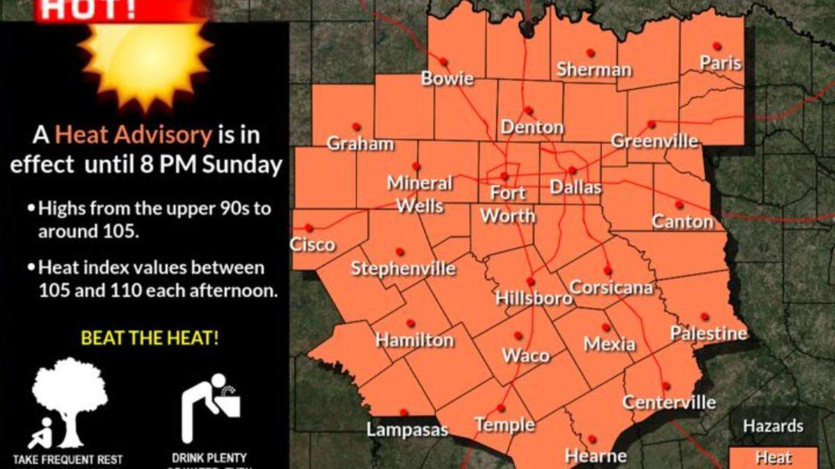 A heat advisory was issued Saturday by the National Weather Service for North and Central Texas, in effect until 8 p.m. Sunday.