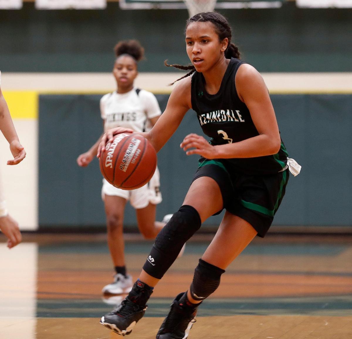 Kennedale guard Reagan Jackson (3) drives into the lane for two during the second half of a 4A Region 2 quarterfinal basketball game at DeSoto High School in DeSoto, Texas, Wednesday, Feb. 24, 2021. Pinkston defeated Kennedale 47-38. (Special to the Star-Telegram Bob Booth)