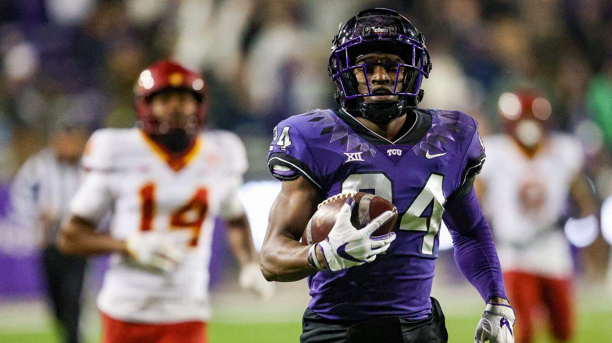 TCU running back Brant Ahlfinger runs in a touchdown during their game against Iowa State at the Amon G. Carter Stadium in Fort Worth on Saturday, Nov. 26, 2022. The Horned Frogs won, 62-14, and remained undefeated during their regular season.