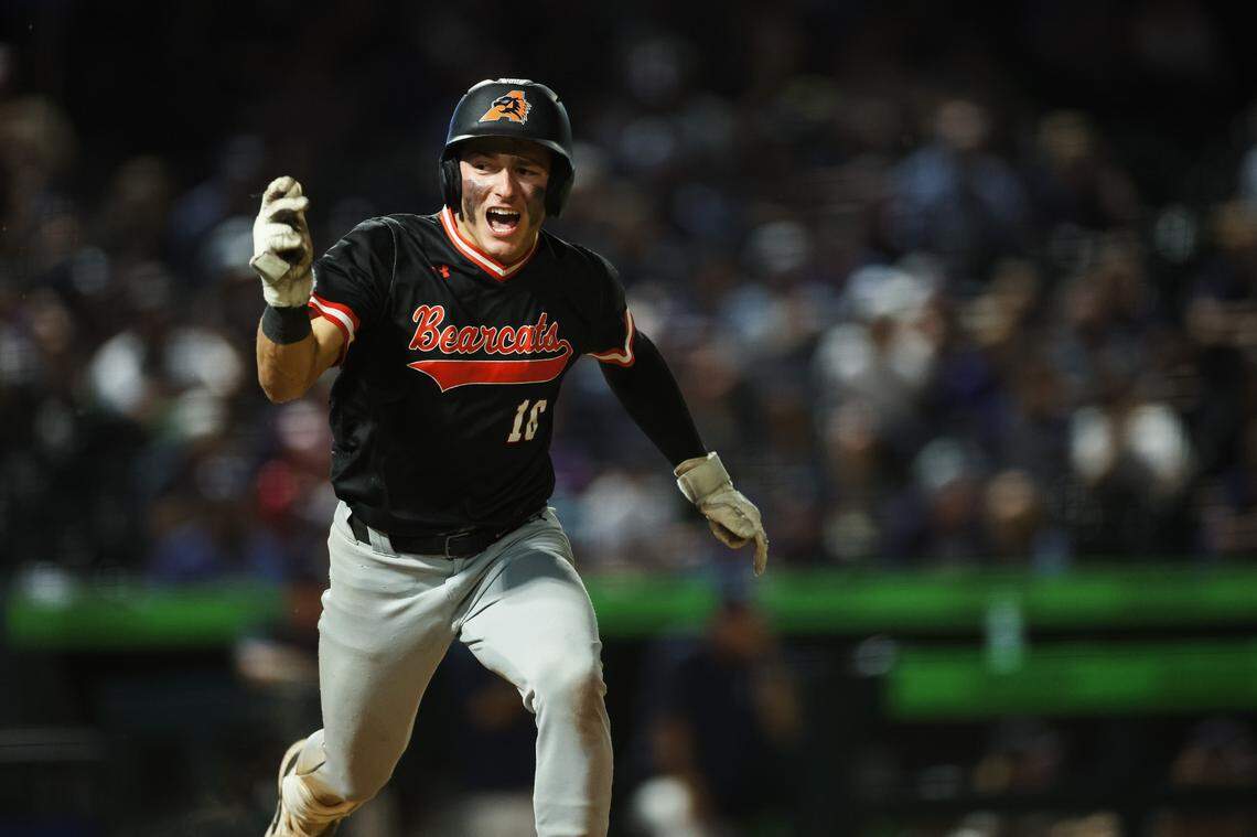Aledo’s Lucas Nawrocki runs to first base while yelling in celebration toward the dugout in the Class 5A Division I playoffs state championship game at Dell Diamond Stadium on June 6. Aledo defeated Smithson Valley 8-1.