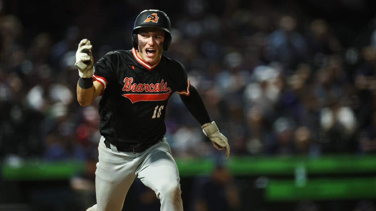 Aledo designated player Lucas Nawrocki runs to first base while yelling in celebration toward the Aledo dugout in the Class 5A Division I playoffs state championship game at Dell Diamond Stadium on Friday, June 6, 2025.
