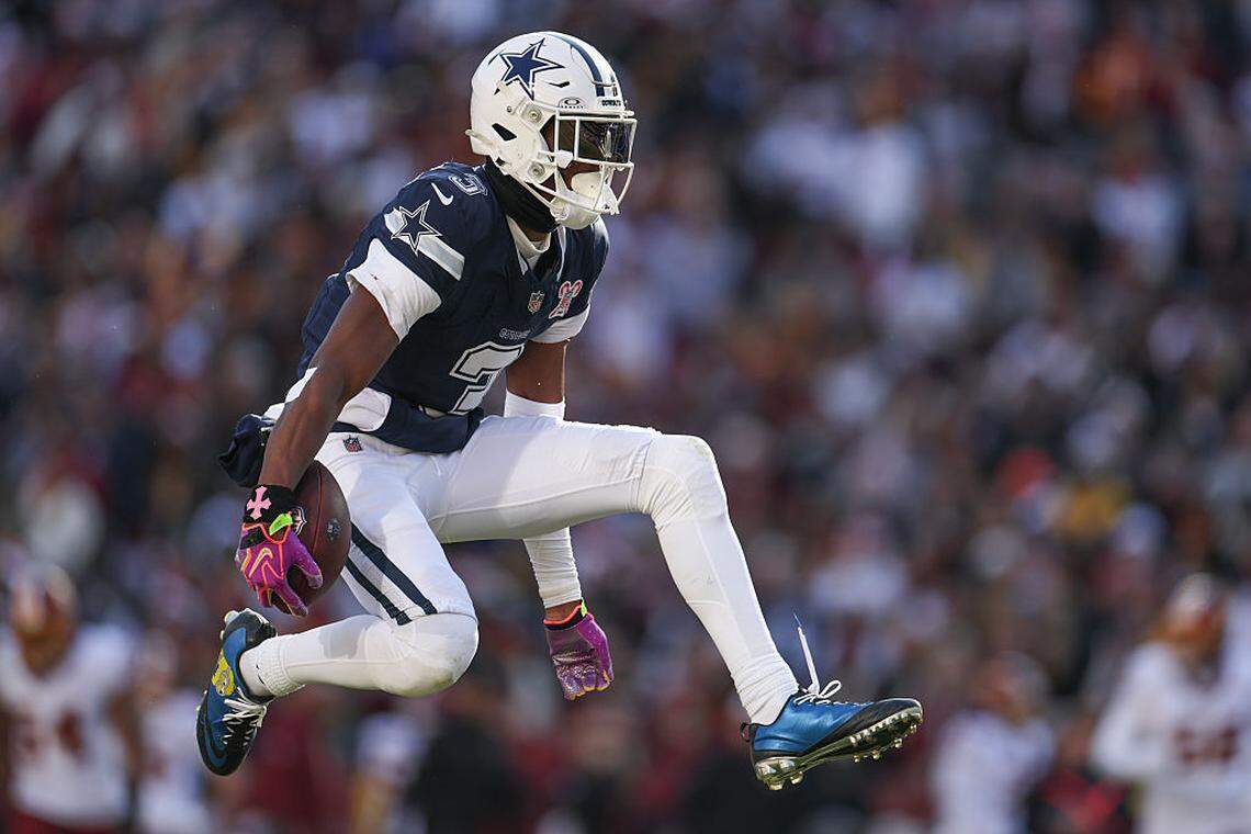 LANDOVER, MARYLAND - DECEMBER 25: George Pickens #3 of the Dallas Cowboys reacts after a catch against the Washington Commanders in the first quarter of a game at Northwest Stadium on December 25, 2025 in Landover, Maryland.