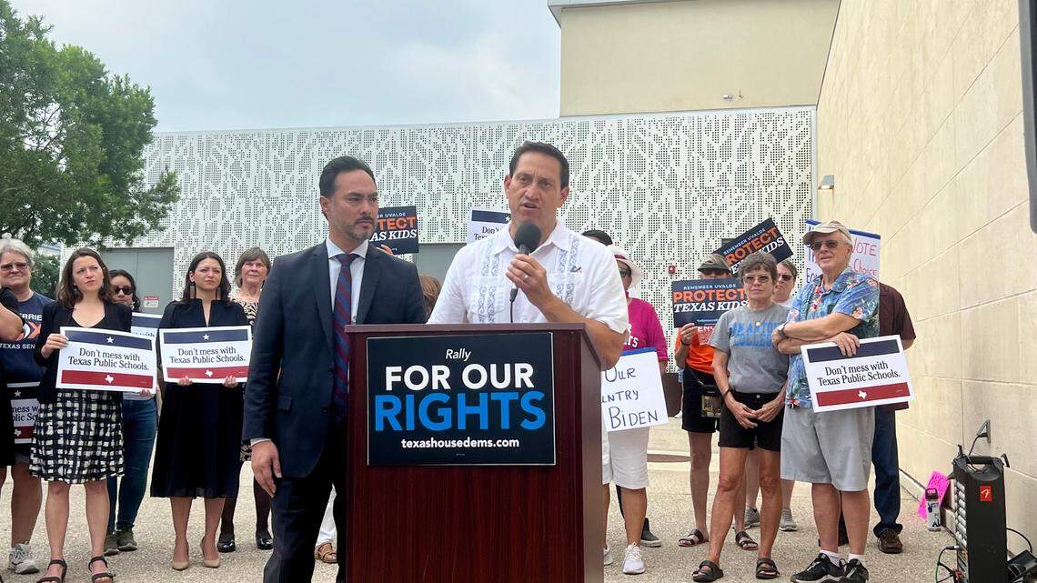 State Rep. Joaquin Castro and Rep. Trey Martinez Fischer speak in protest of the Texas GOP convention outside the Henry B Gonzales Convention Center.