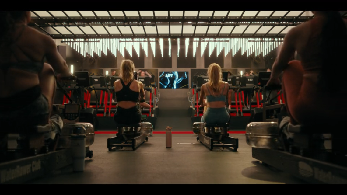 Angela (Ali Larter) and Ainsley (Michelle Randolph) work out in “Landman” episode 7.