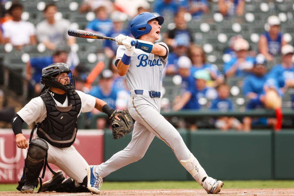 Brock shortstop Canon Lightfoot (8) reacts after making contact with the ball on his follow through against Robinson in the UIL Class 4A Division II baseball state championship game on Friday, June 5, 2026, at Dell Diamond in Round Rock, Texas.