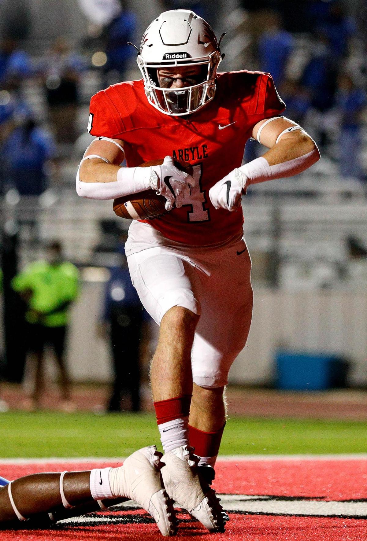 Argyle running back Knox Scoggins (4) celebrates after scoring a touchdown against Waco La Vega during the second half, Friday night, September 18, 2020 played at Argyle High School in Argyle, Tx. (Steve Nurenberg Special to the Star-Telegram)