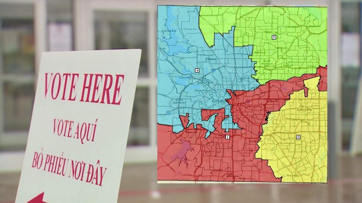 The current Tarrant County commissioners map, showing a Fort Worth precinct in red and an Arlington precinct in yellow, would be redrawn under a proposal to elect a Republican commissioner in Arlington.