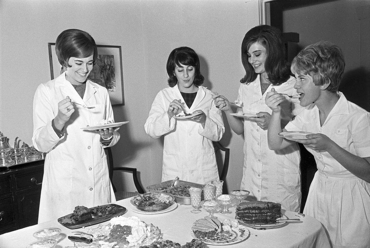 Texas Christian University home economics students are pictured testing recipes in the Star-Telegram Recipe Contest in 1966. They are, from left, Peggy Breazeale of College Station, Laura Miller of St. Louis, Lolabeth Johnson of Fort Worth and Diane Wehner of Houston.  