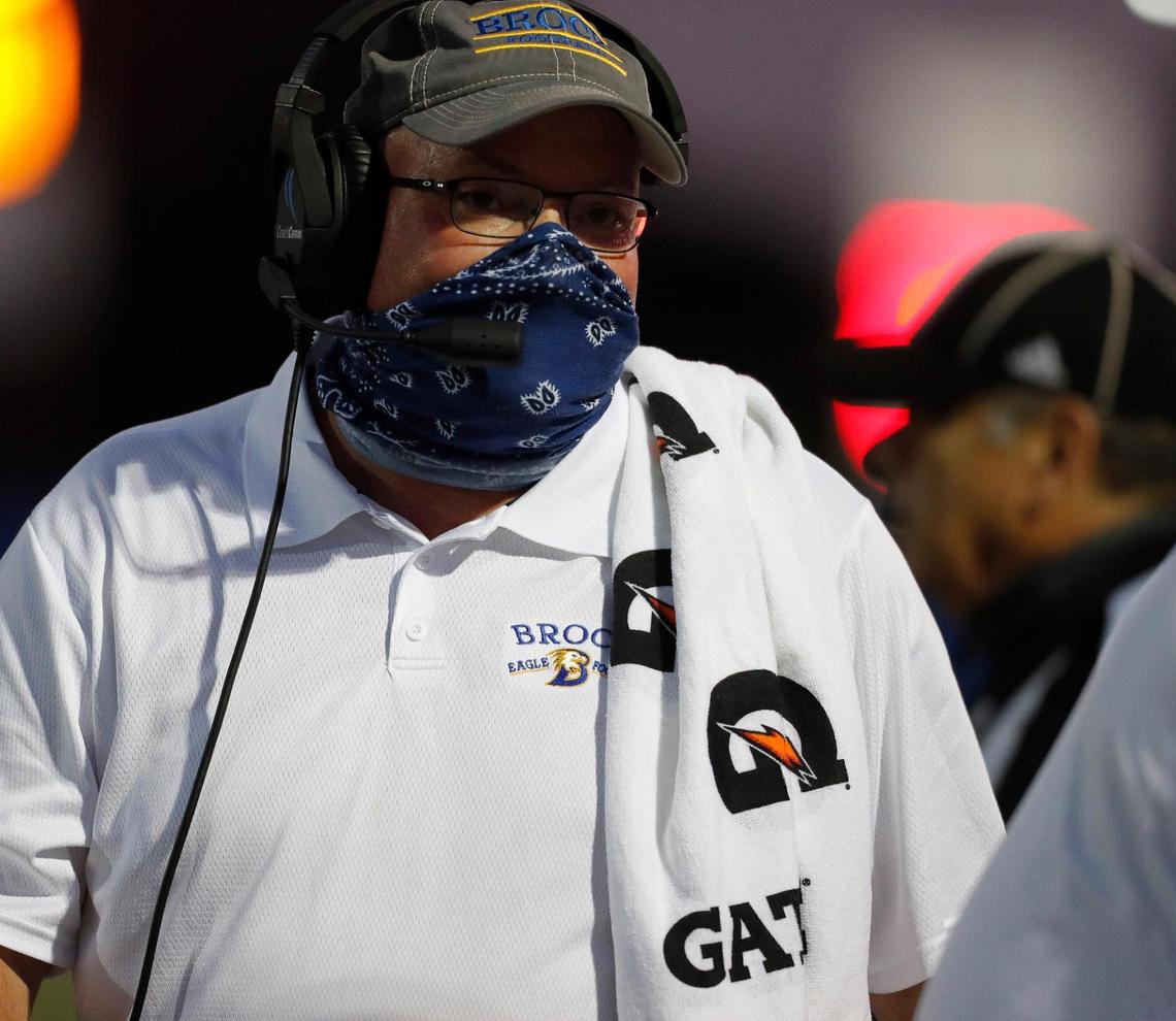 Brock head coach Chad Worrell walks the sidelines in the second quarter during a high school football game at Eagle Stadium in Brock, Friday Sept. 04, 2020. Brock defeated Community 66-7. (Special to the Star-Telegram Bob Booth)