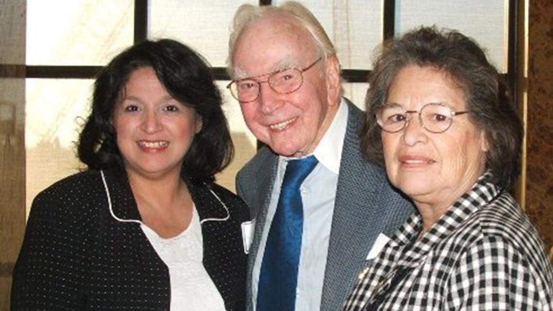 Daughter Jacqueline Valenciano and Pauline Valenciano pose with the the late Speaker of the U.S. House Jim Wright. Valenciano befriended many powerful politicians as she worked for social justice.