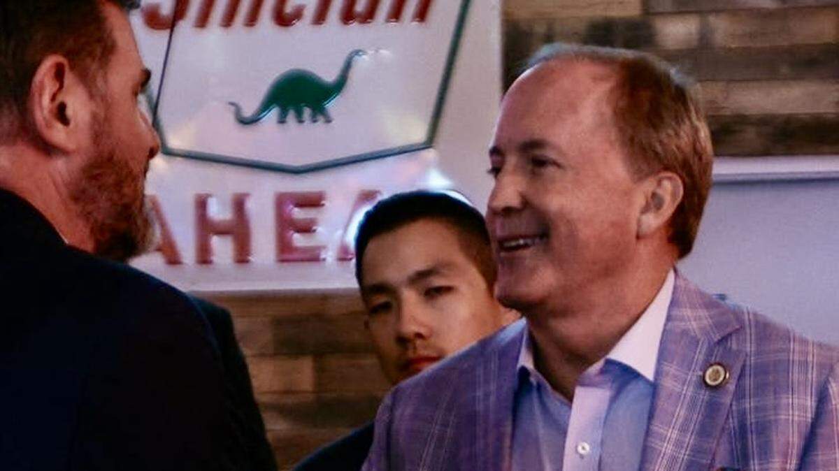 Texas Attorney General Ken Paxton, right, greets new Texas Tech University Chancellor Brandon Creighton at his talk to the university Turning Point USA chapter Oct. 8, 2025, in Lubbock, Texas.