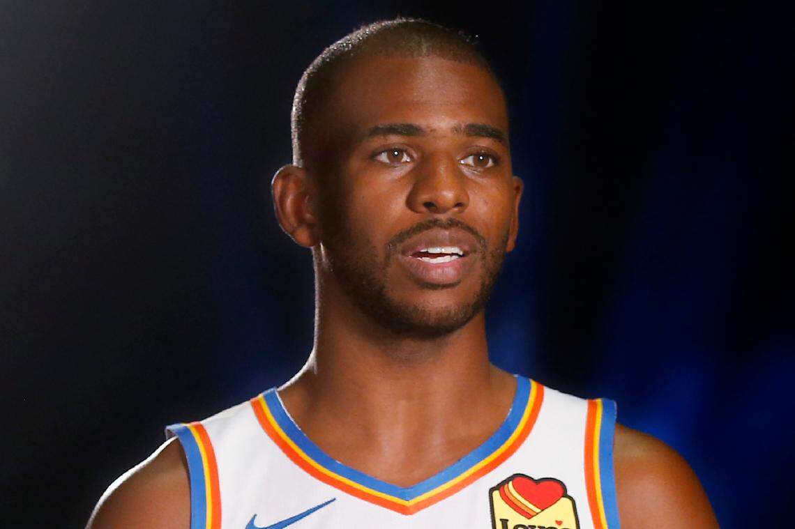 FILE - Oklahoma City Thunder guard Chris Paul (3) is interviewed during an NBA basketball media day in Oklahoma City, in this Monday, Sept. 30, 2019, file photo. (AP Photo/Sue Ogrocki, File)