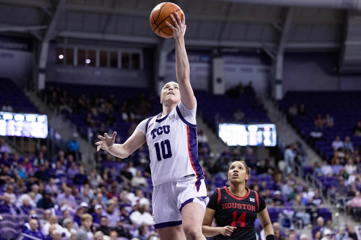 TCU guard Hailey Van Lith (10) goes up for the layup in the second half of an NCAA game between TCU and Houston at Schollmaier Arena in Fort Worth on Wednesday, Feb. 26, 2025.