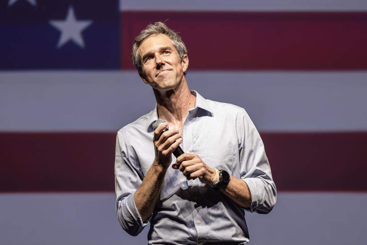 Former U.S. Rep. Beto O’Rourke speaks to the capacity crowd on the stage for ‘The People vs. The Power Grab’ rally at the Ridglea Theater in Fort Worth on Saturday, Aug. 9, 2025.