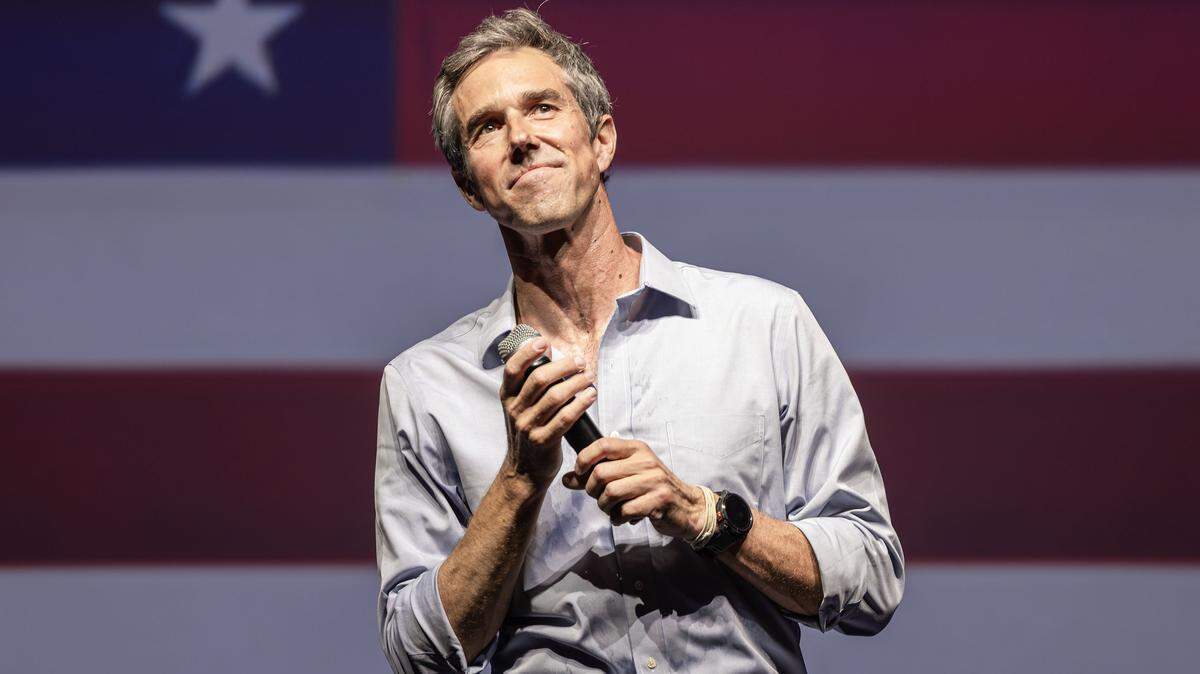 Former U.S. Rep. Beto O’Rourke speaks to the capacity crowd on the stage for ‘The People vs. The Power Grab’ rally at the Ridglea Theater in Fort Worth on Saturday, Aug. 9.