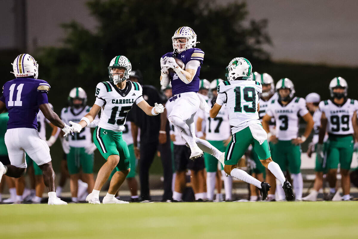 Keller Timber Creek defensive back Tyler Gowins picks off a Southlake Carroll pass during a district matchup on Thursday, September 25, 2025 at Keller ISD Stadium in Keller, Texas.