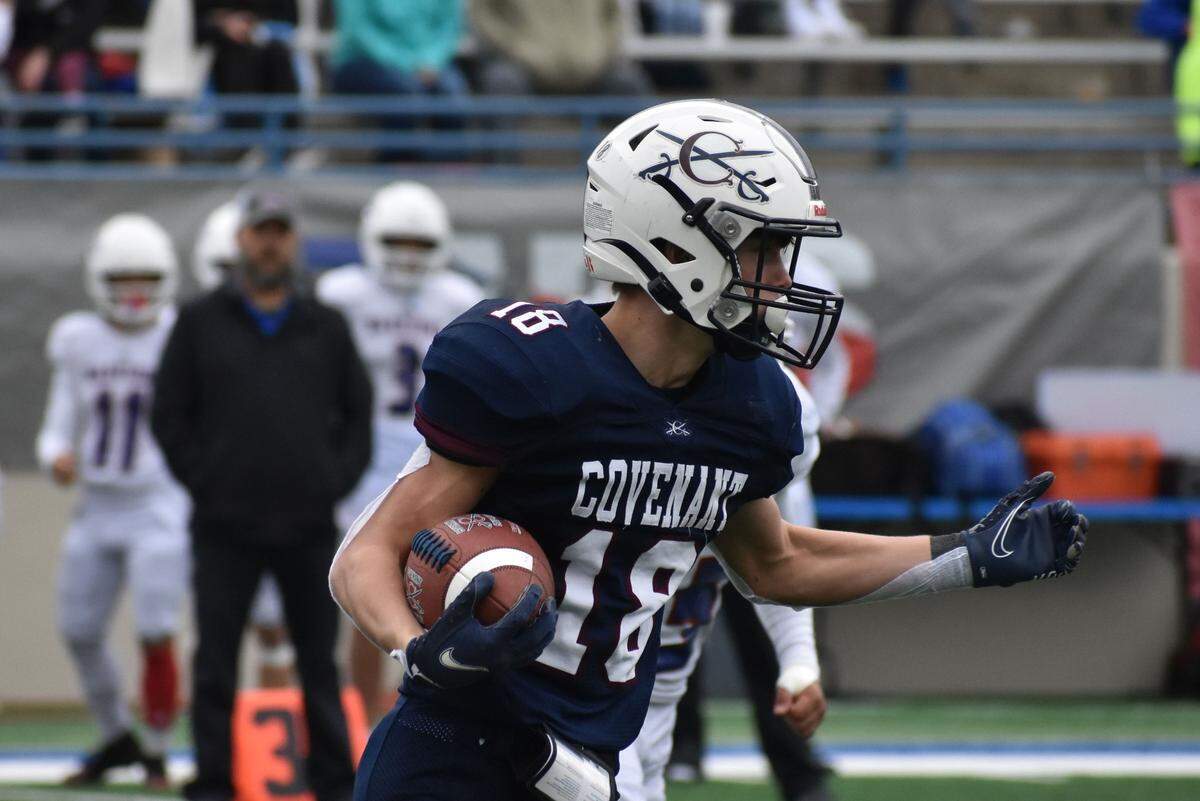 Covenant Classical receiver Blake Schroeder heads upfield in the first half of the TAPPS Division II 6 Man state championship game. The Cavaliers defeated Pasadena First Baptist 68-30 on Thursday, December 1, 2022 at Waco ISD Stadium. Courtesy Antony Blalock/txhsfb.net