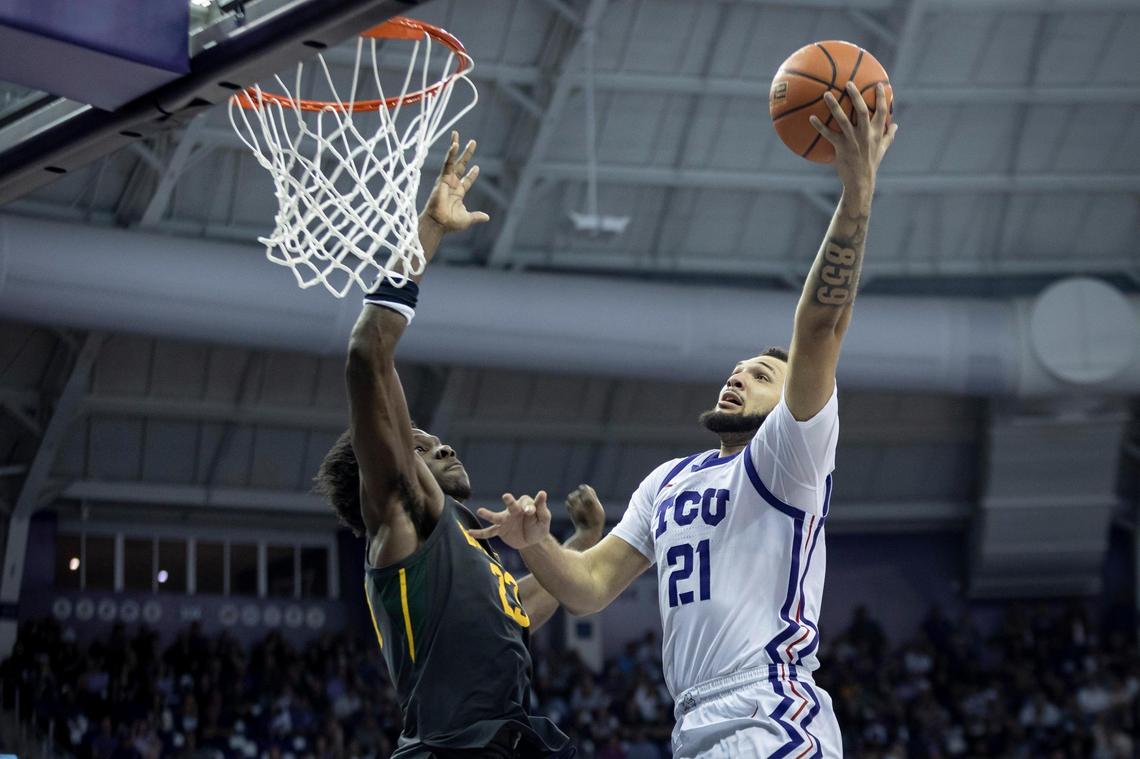 TCU forward JaKobe Coles shoots during their game against Baylor on Saturday Feb. 11, 2023 at Schollmaier Arena in Fort Worth.