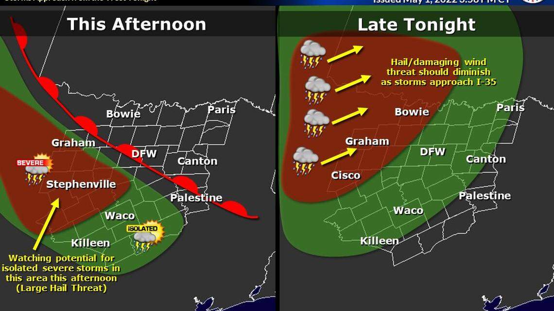 Thunderstorms are expected to develop across West Texas Sunday afternoon and approach North Texas late Sunday night.