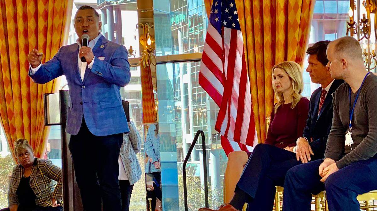 Steve Penate talks as candidates Mattie Parker, Brian Byrd and DC Caldwell look on during a Fort Worth Republican Women’s club forum.