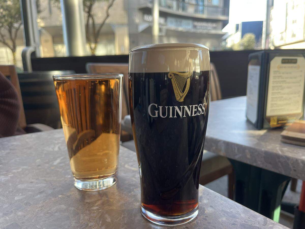 A pint of Magner’s Irish Cider (left) and Guinness Stout (right), both of which are offered on draft at Henry McCarty’s Irish Pub on Thursday, Feb. 19, 2026 in Fort Worth.