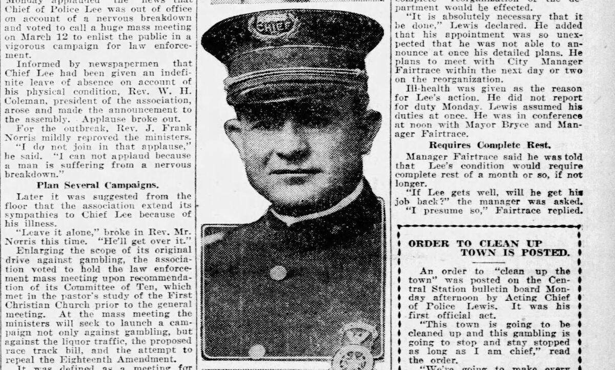 A photo of Fort Worth’s police chief, Henry Lee, in the Star-Telegram on Monday, Feb. 27, 1933, accompanying a story about him going on “indefinite leave” due to a “nervous breakdown.”