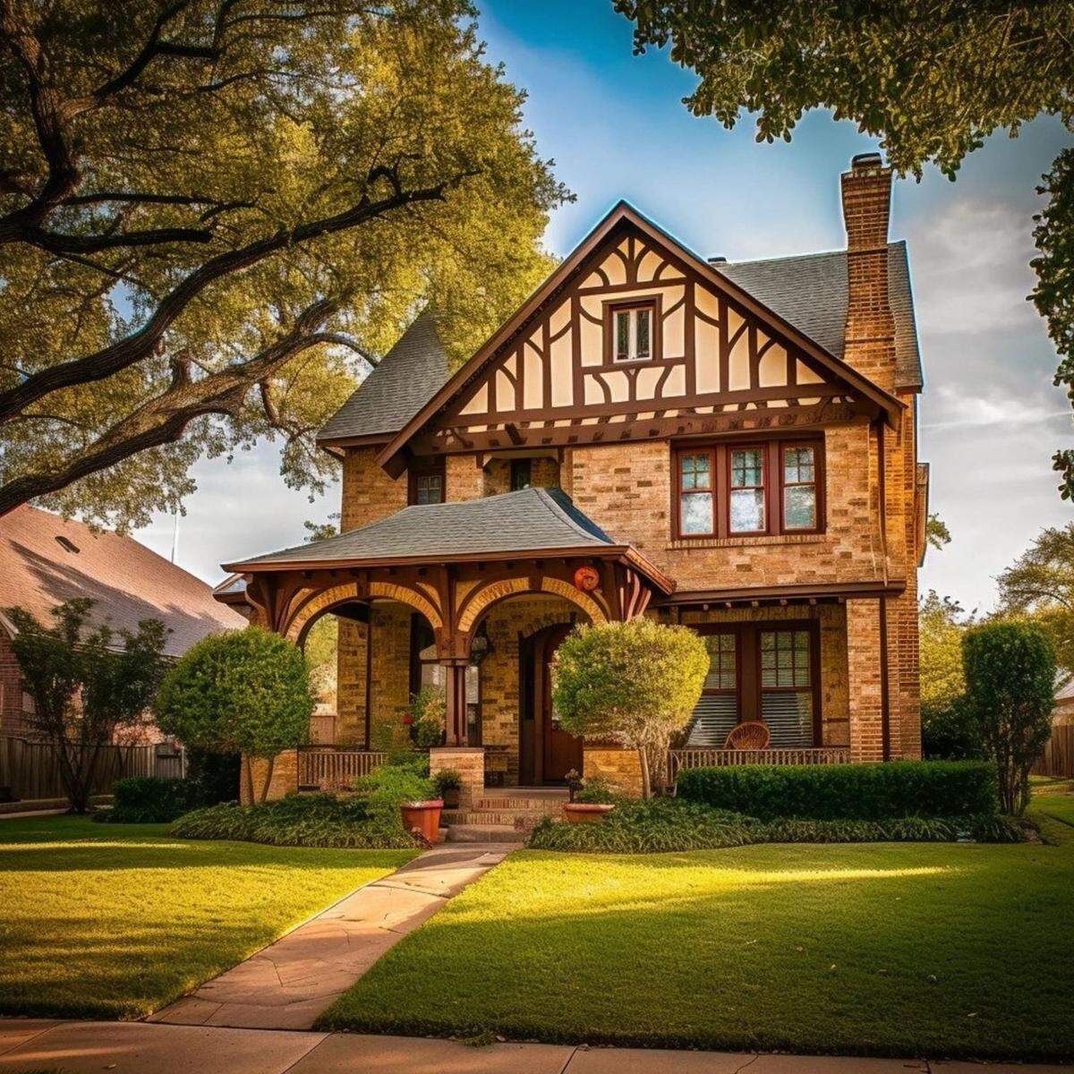AI image of a two-story Tudor-style home which has a steep pitched gable roof, brick exterior, halt-timber woodwork and covered porch.