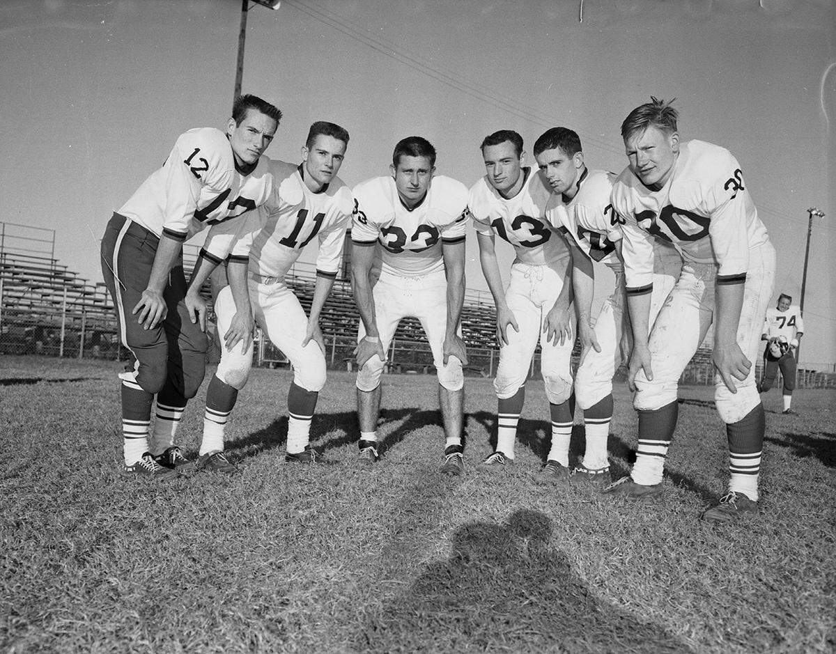 Nov. 18, 1958: Grapevine Gallopers -- Backs who will see action for Mustangs against Bowie Friday night are, left to right, James Davis, Wayne Quenichet, Daryll Hawkins, Johnny Bowen, Jackie Dyer, John Fielder.