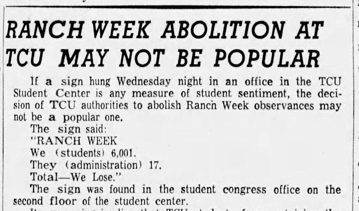 A Fort Worth Star-Telegram story on May 1, 1958, reporting on reactions to TCU ending Ranch Week.