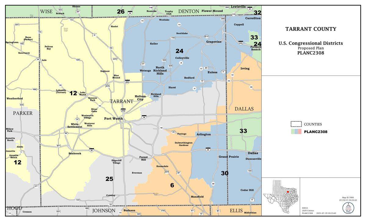 The newly proposed congressional map of Texas completely removes Fort Worth Democrat Marc Veasey’s district from Tarrant County and puts it in Dallas County.