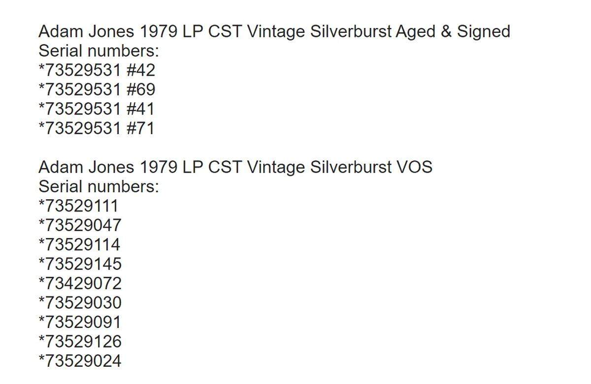 Serial numbers of Adam Jones 1979 Les Paul Custom guitars affected.