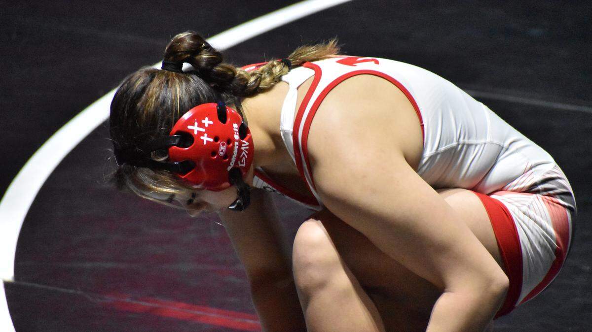 Arlington Martin wrestler Camille Rainey competes at the UIL Texas high school wrestling state tournament in Cypress, Texas, on Saturday, Feb. 14, 2026.