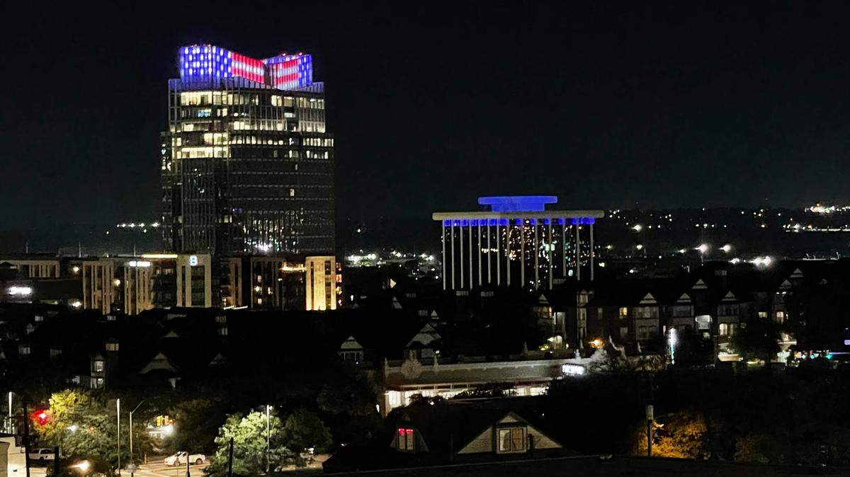 The future Fort Worth City Hall, formerly the Pier One headquarters, will be lit up red and blue Thursday to celebrate the Texas Rangers’ World Series victory.