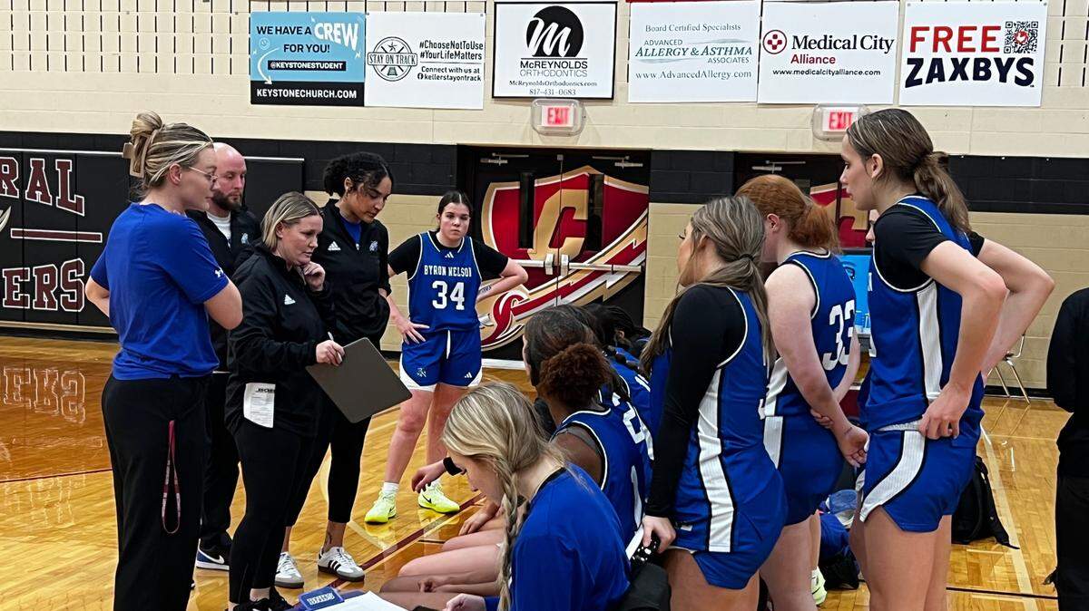 Byron Nelson girls basketball huddles up during the regular season finale vs. Keller Central at Keller Central High School on Tuesday, Feb. 4, 2025.