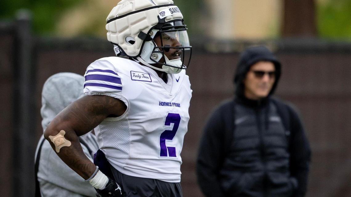 TCU running back Trey Sanders pauses during spring training at TCU practice fields last week.